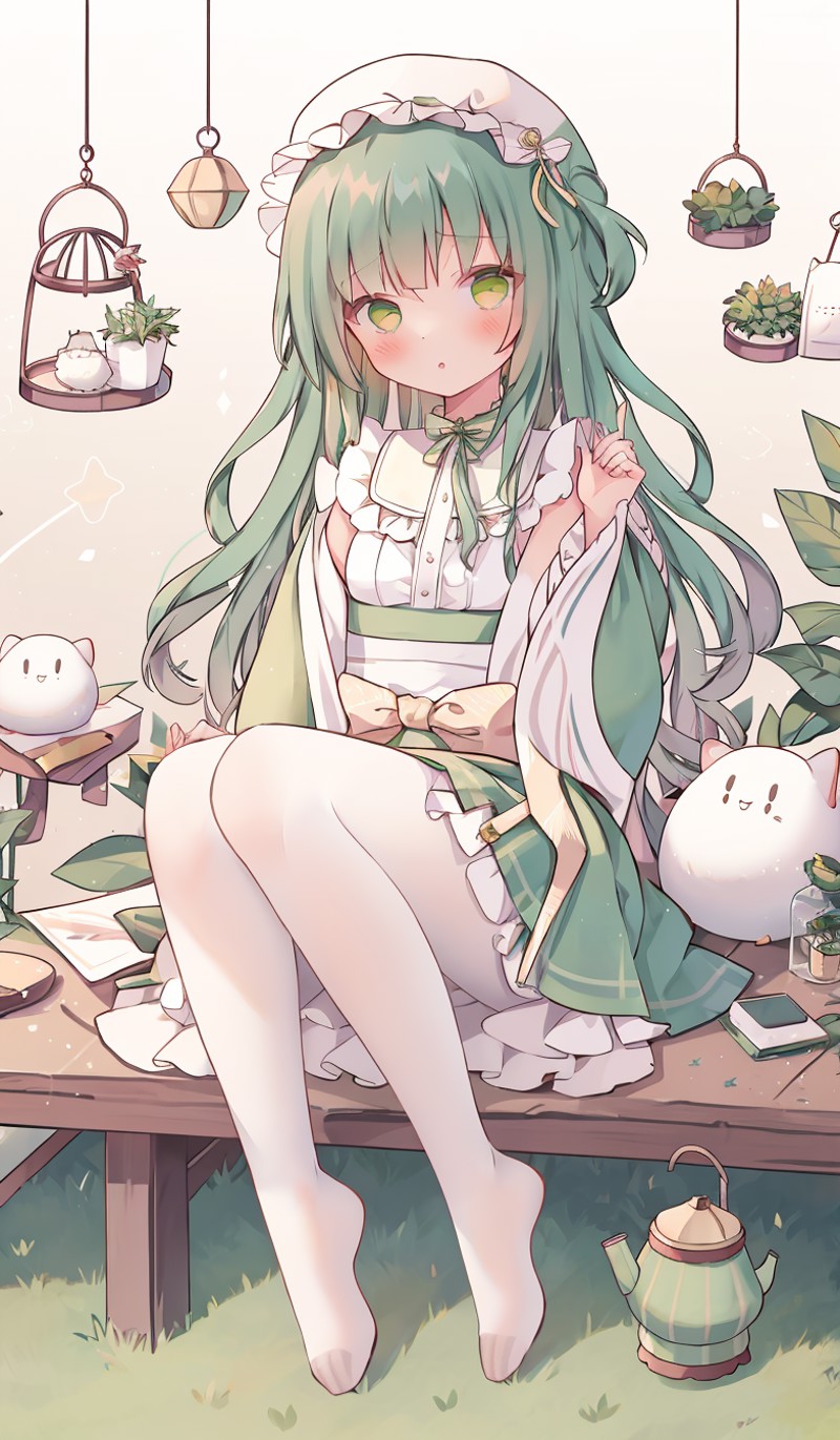 plant, potted_plant, 1girl, birdcage, cage, watering_can, long_hair, solo, very_long_hair, tanabata, vines, leaf, ivy, lon...
